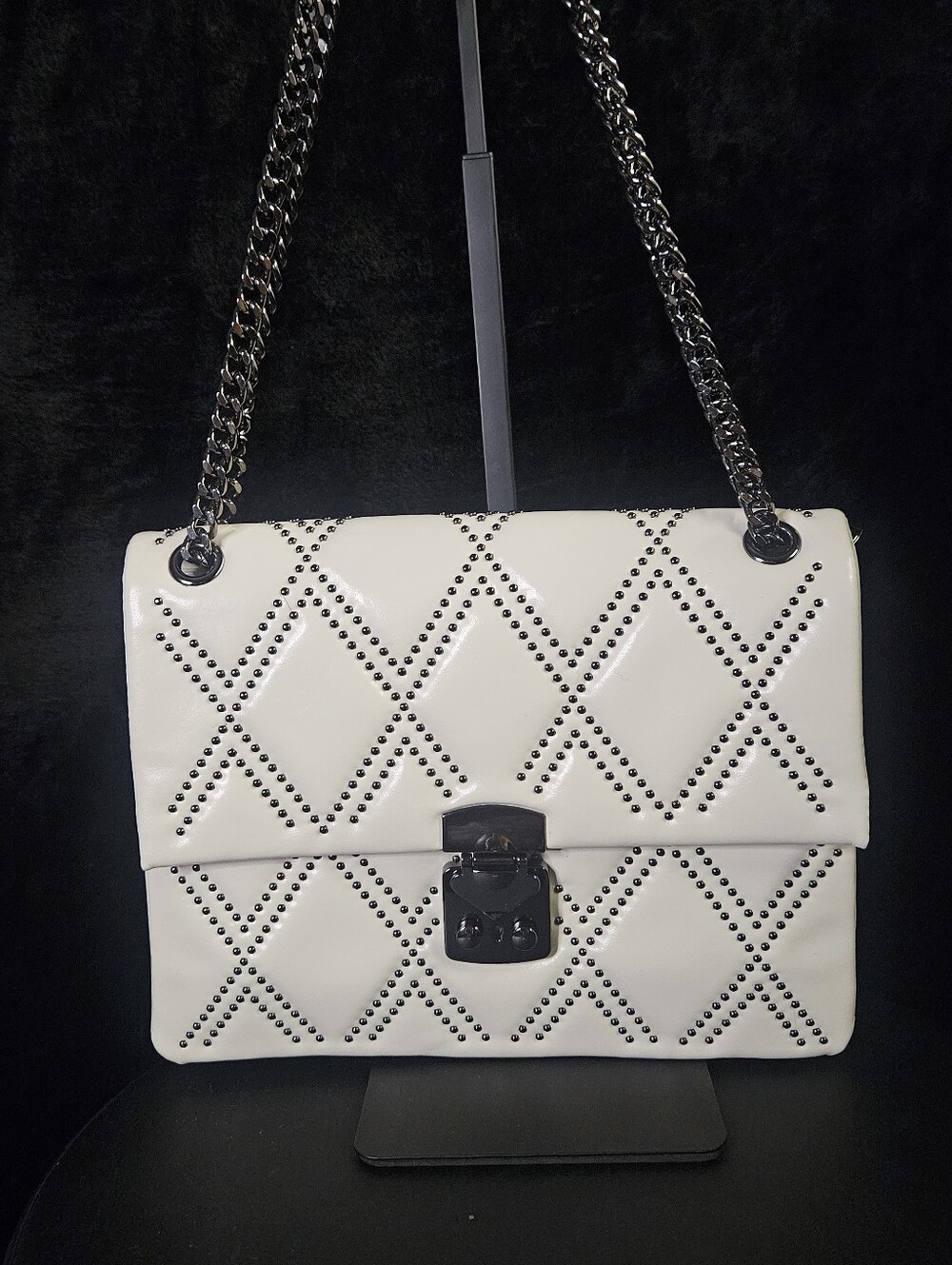 Genuine Leather Studded Diamond Quilted Crossbody Shoulder Bag